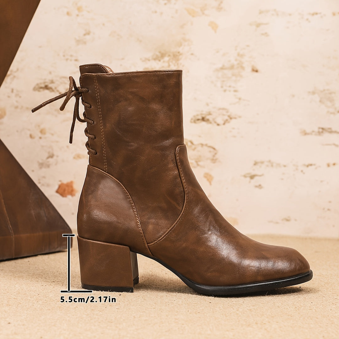 Women's Chunky Heel Ankle Boots with Back Lace-Up
