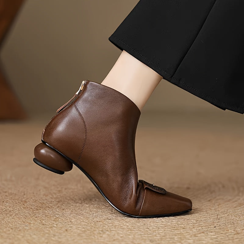 Chunky Mid-Heel Ankle Boots with Rhinestone Accent