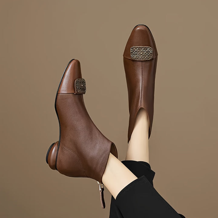 Chunky Mid-Heel Ankle Boots with Rhinestone Accent