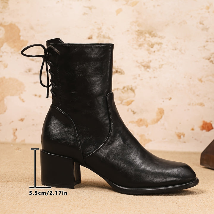 Women's Chunky Heel Ankle Boots with Back Lace-Up