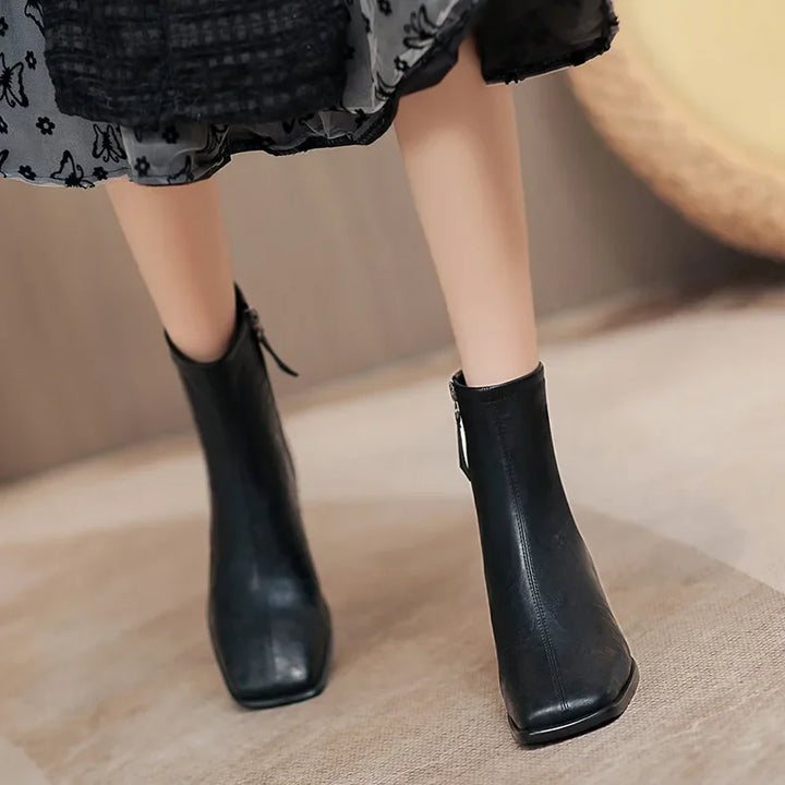 Retro Square Head Slim Short Boots