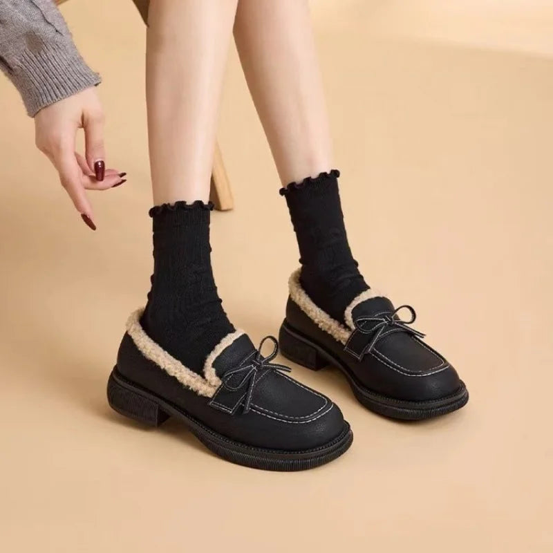Round Toe Low Heel Bow Decor Slip-On Bean Shoes