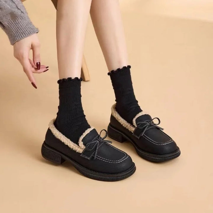 Round Toe Low Heel Bow Decor Slip-On Bean Shoes
