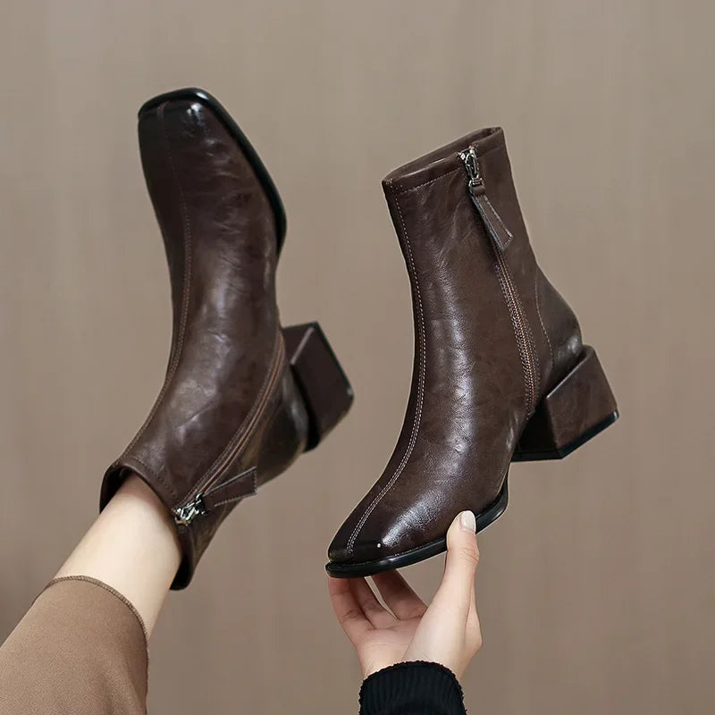 Retro Square Head Slim Short Boots