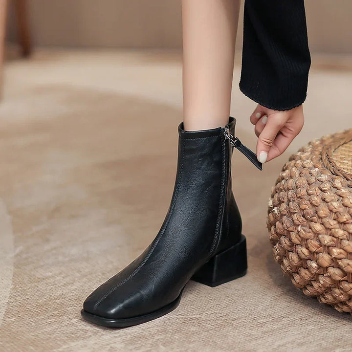 Retro Square Head Slim Short Boots