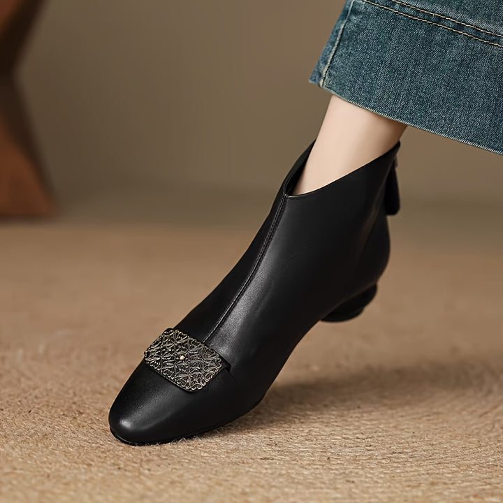 Chunky Mid-Heel Ankle Boots with Rhinestone Accent