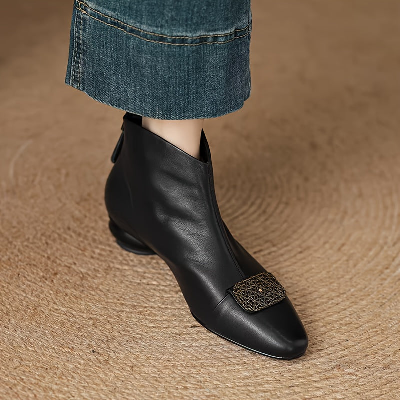 Chunky Mid-Heel Ankle Boots with Rhinestone Accent