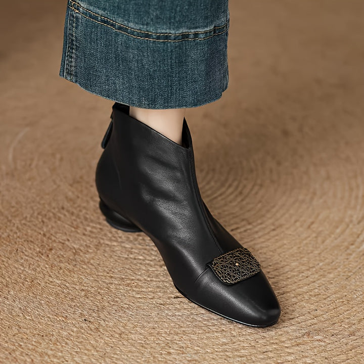 Chunky Mid-Heel Ankle Boots with Rhinestone Accent