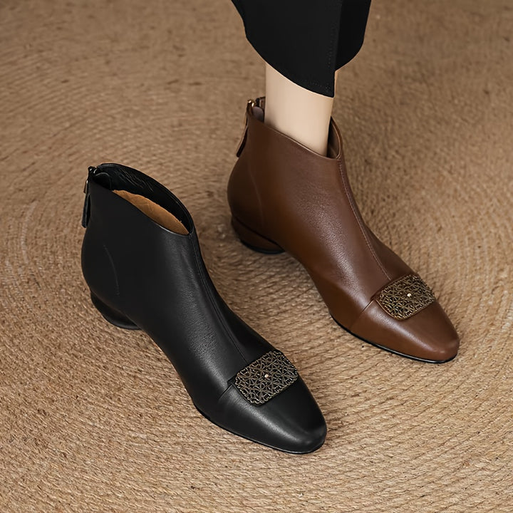 Chunky Mid-Heel Ankle Boots with Rhinestone Accent