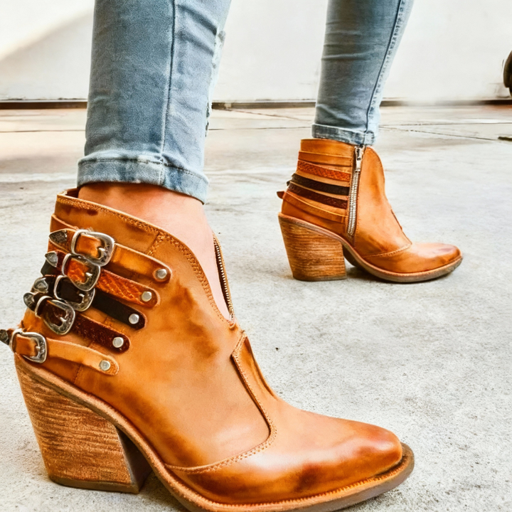 Block Heel Buckle V-Shape Boots