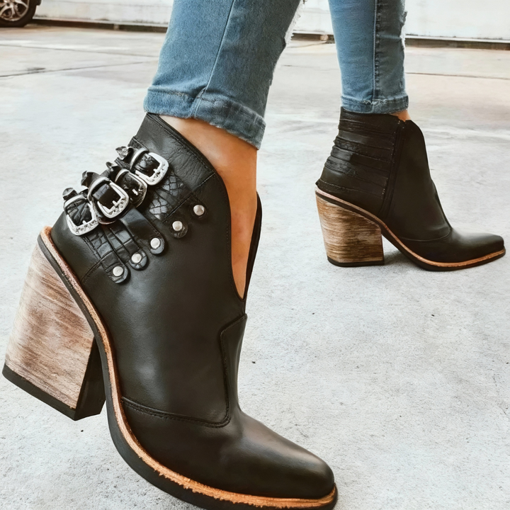 Block Heel Buckle V-Shape Boots