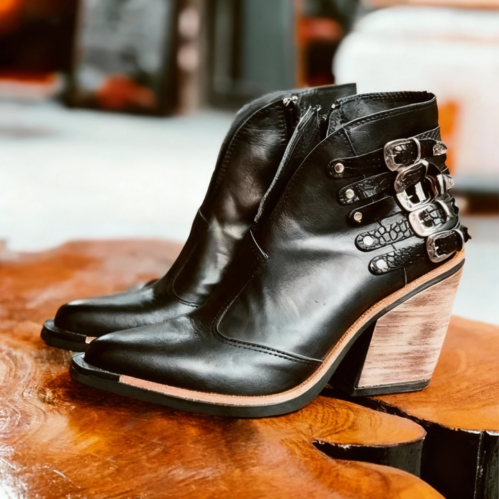 Block Heel Buckle V-Shape Boots