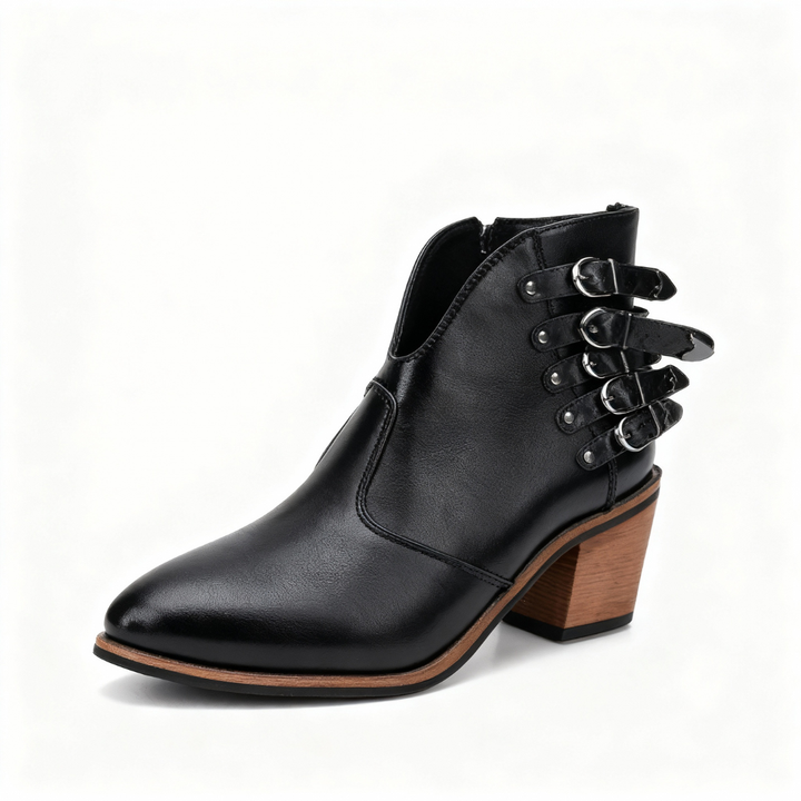 Block Heel Buckle V-Shape Boots