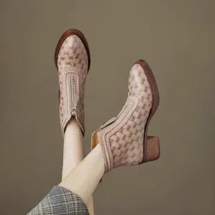 Chunky Mid Heel Zip Boots