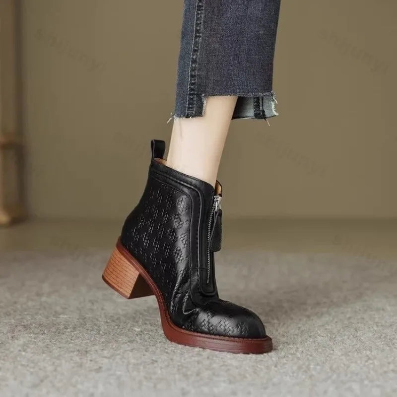 Chunky Mid Heel Zip Boots