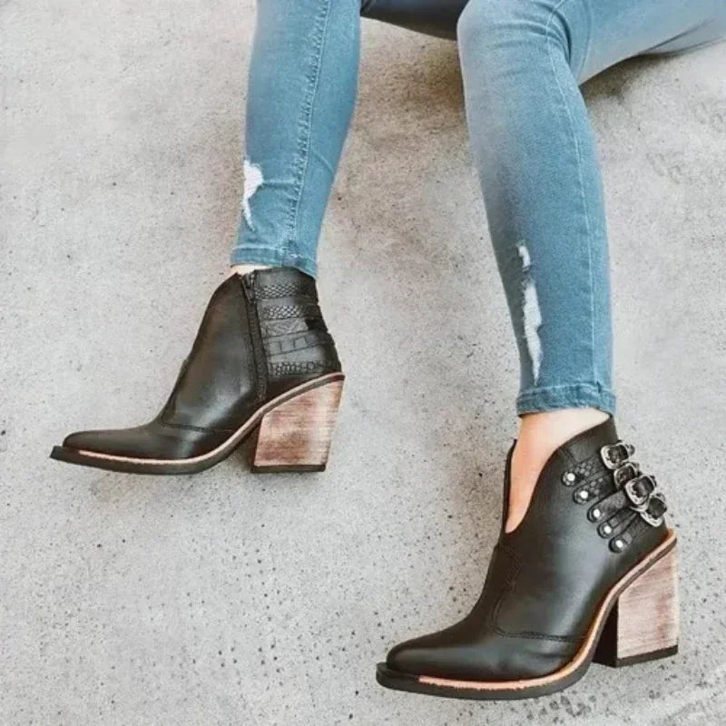 Block Heel Buckle V-Shape Boots