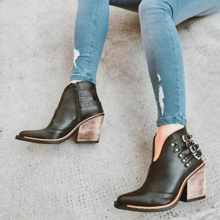 Block Heel Buckle V-Shape Boots