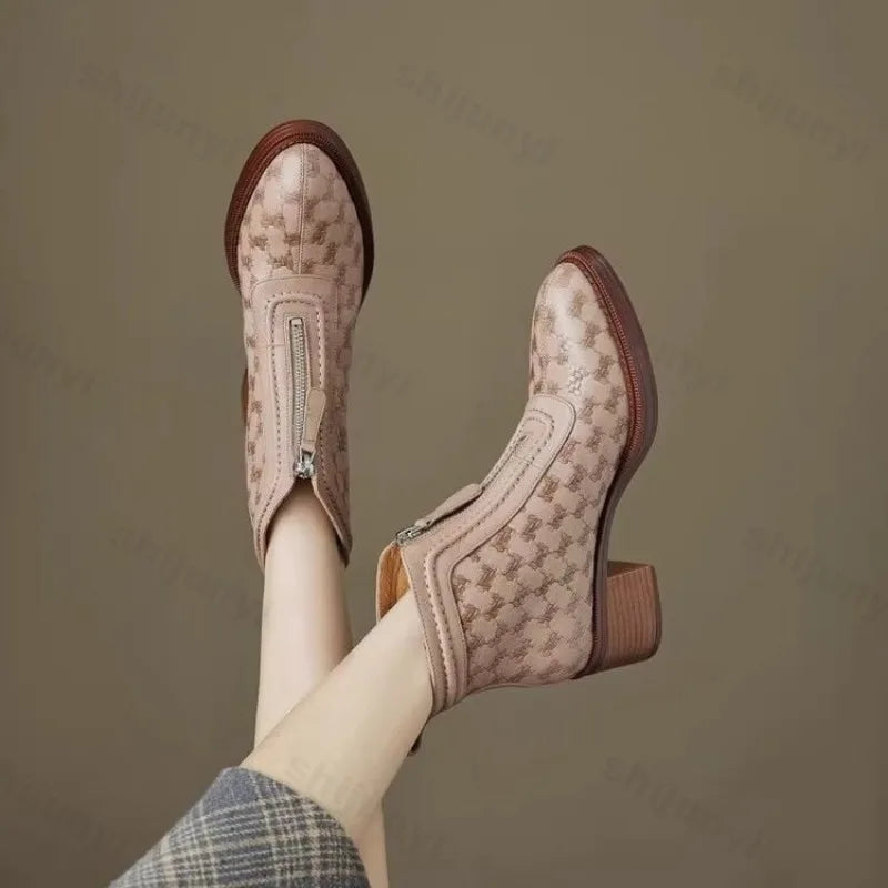 Chunky Mid Heel Zip Boots