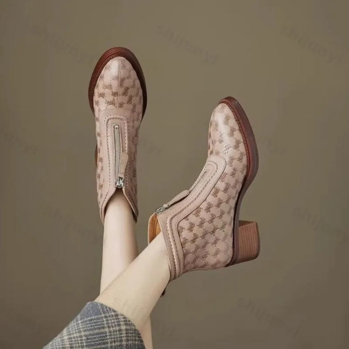 Chunky Mid Heel Zip Boots