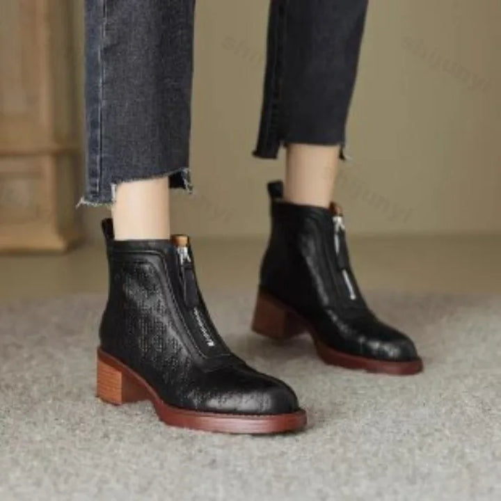 Chunky Mid Heel Zip Boots