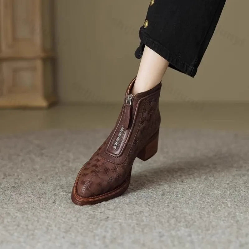 Chunky Mid Heel Zip Boots