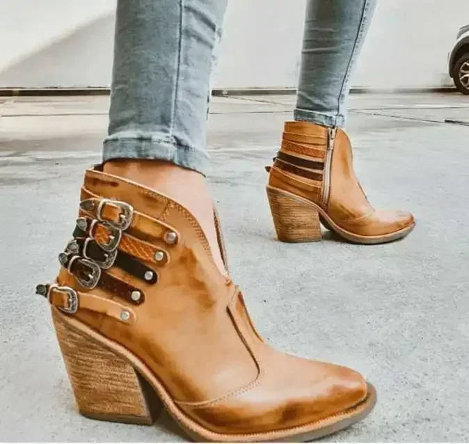 Block Heel Buckle V-Shape Boots