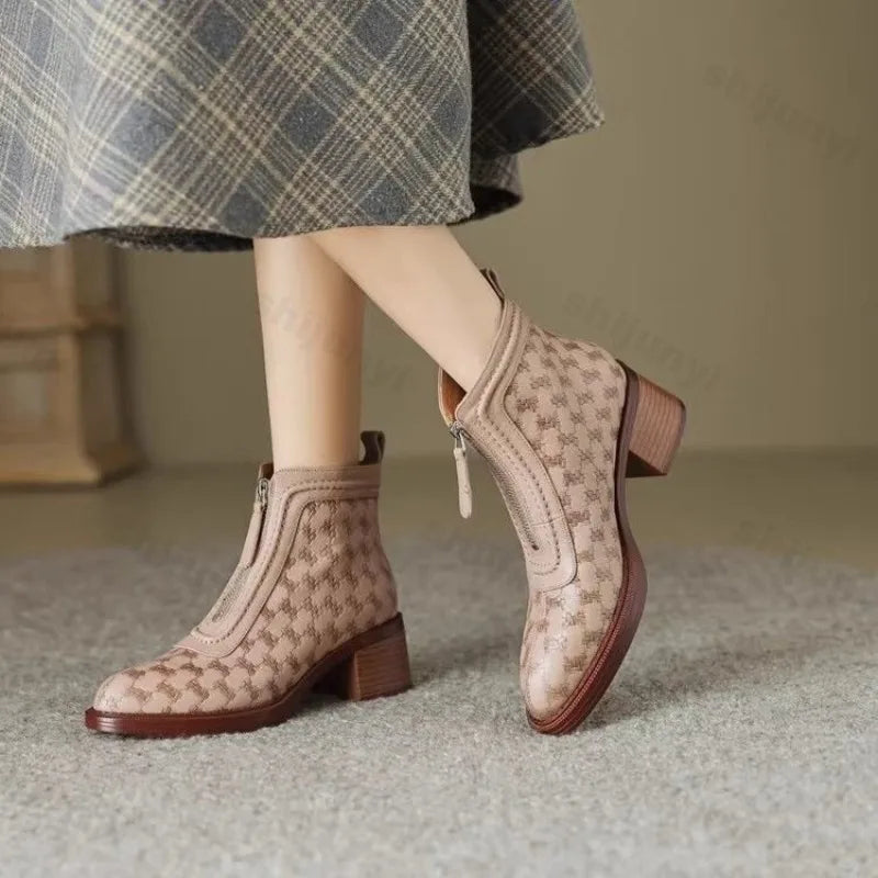 Chunky Mid Heel Zip Boots