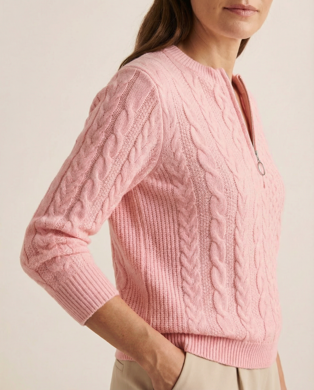 Pink Cable-Knit Zip Sweater