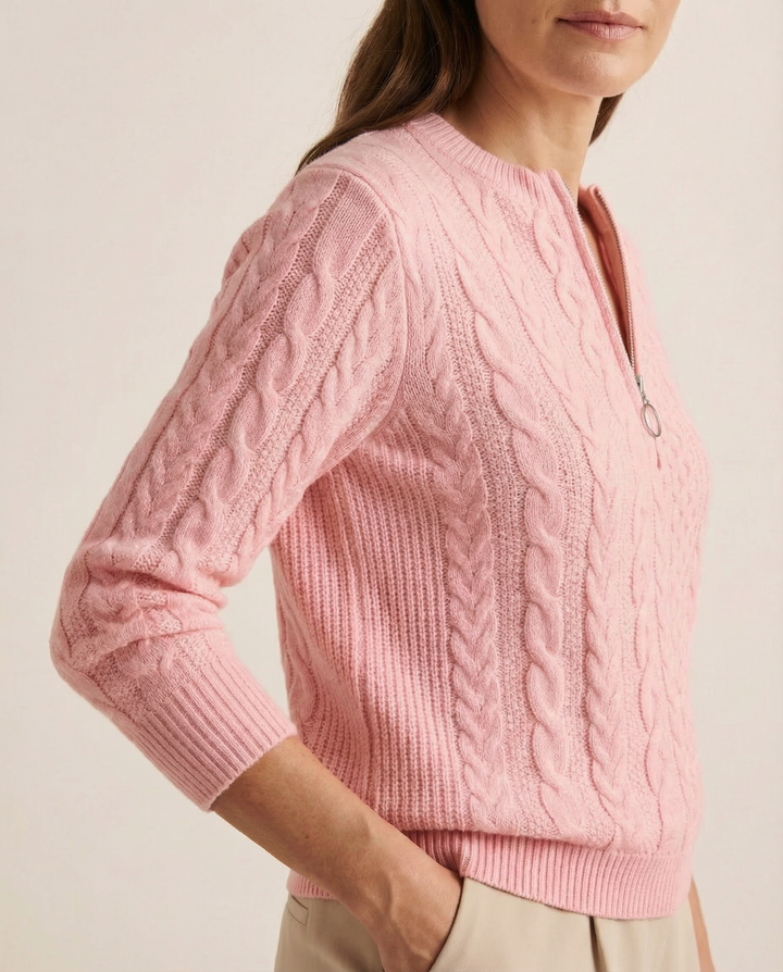 Pink Cable-Knit Zip Sweater