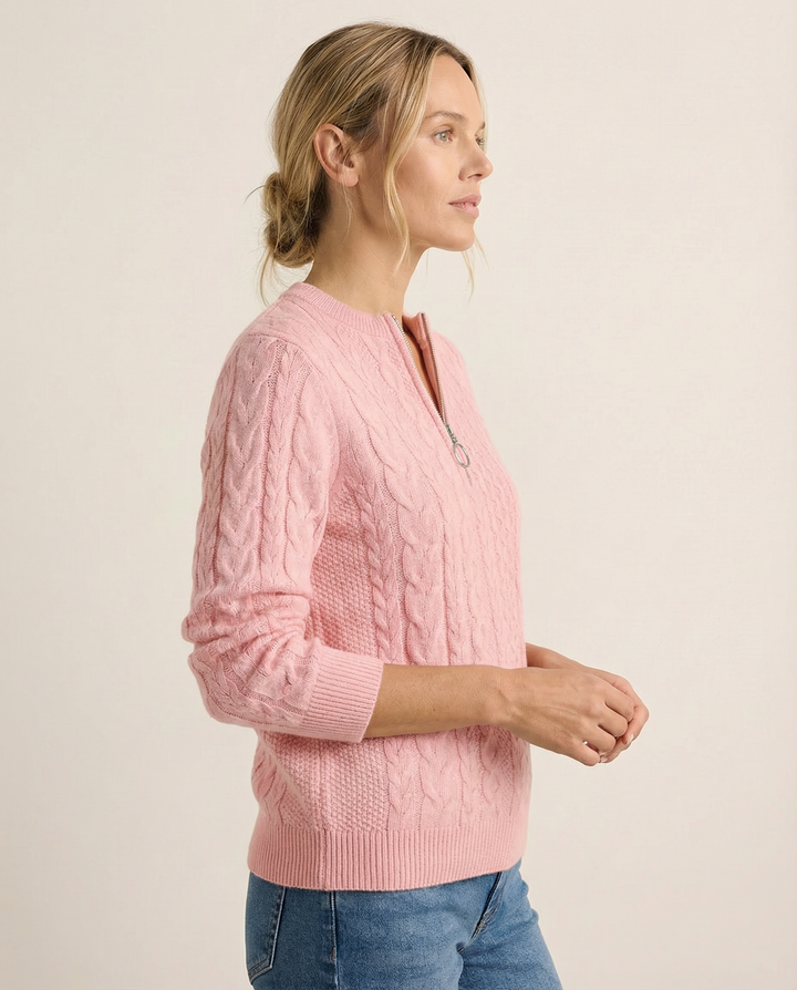 Pink Cable-Knit Zip Sweater