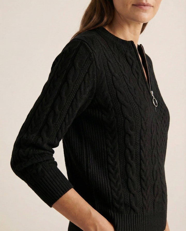 Black Cable-Knit Zip Sweater