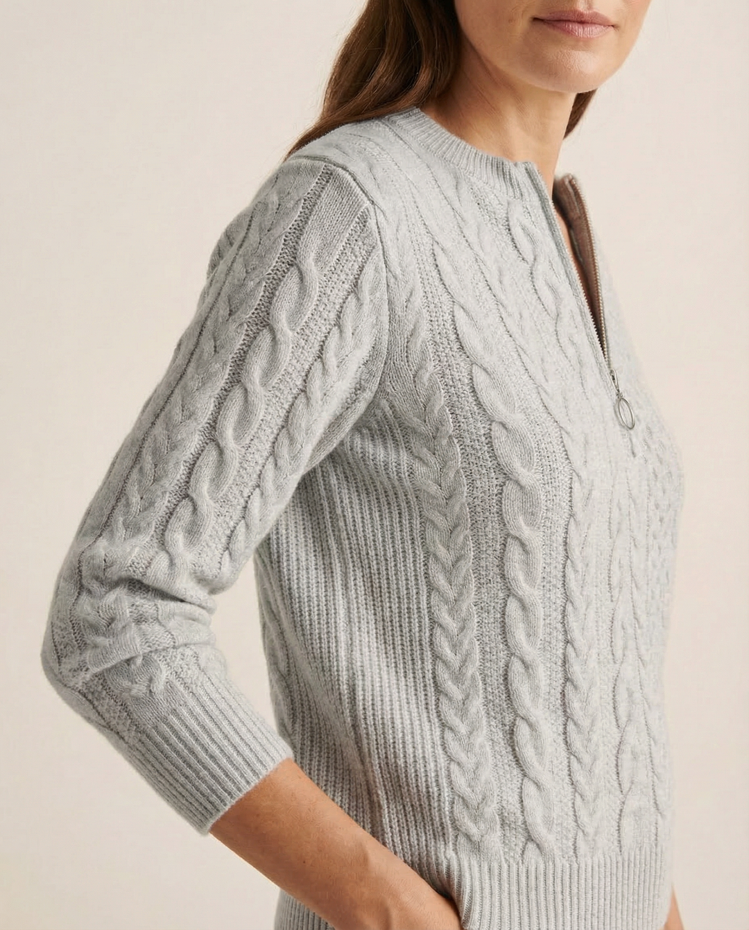 Gray Cable-Knit Zip Sweater