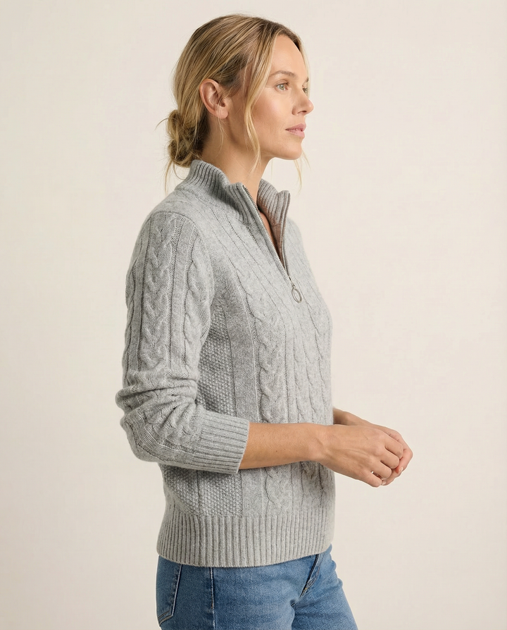 Gray Cable-Knit Zip Sweater