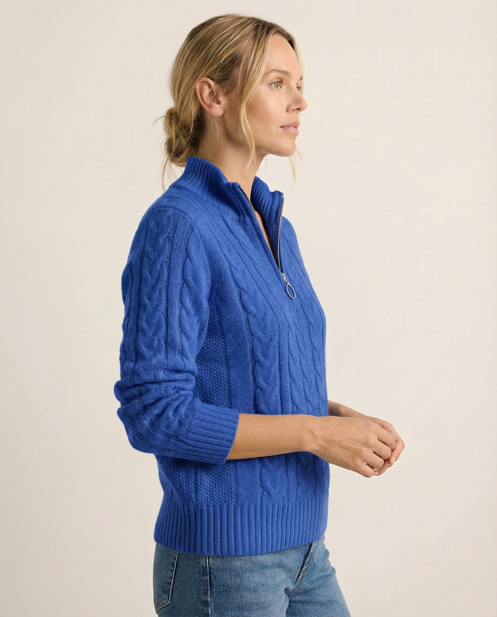 Blue Cable-Knit Zip Sweater