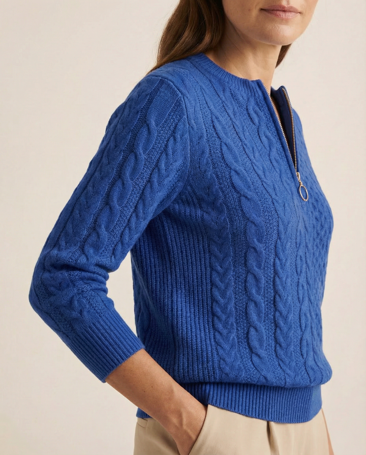 Blue Cable-Knit Zip Sweater