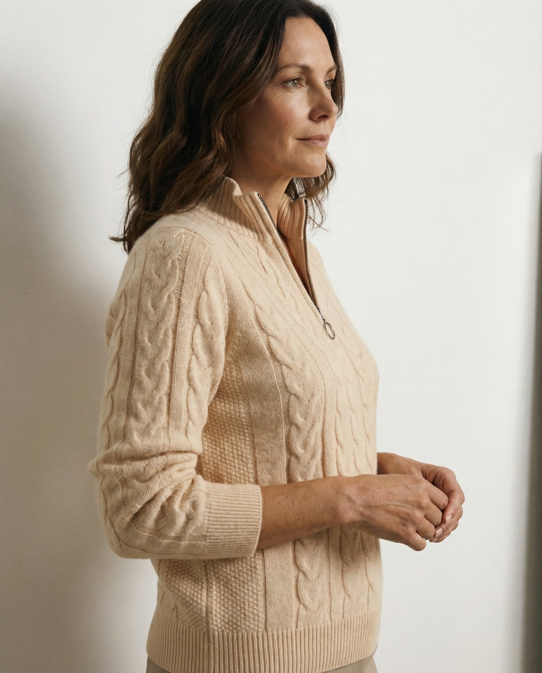 Apricot Cable-Knit Zip Sweater