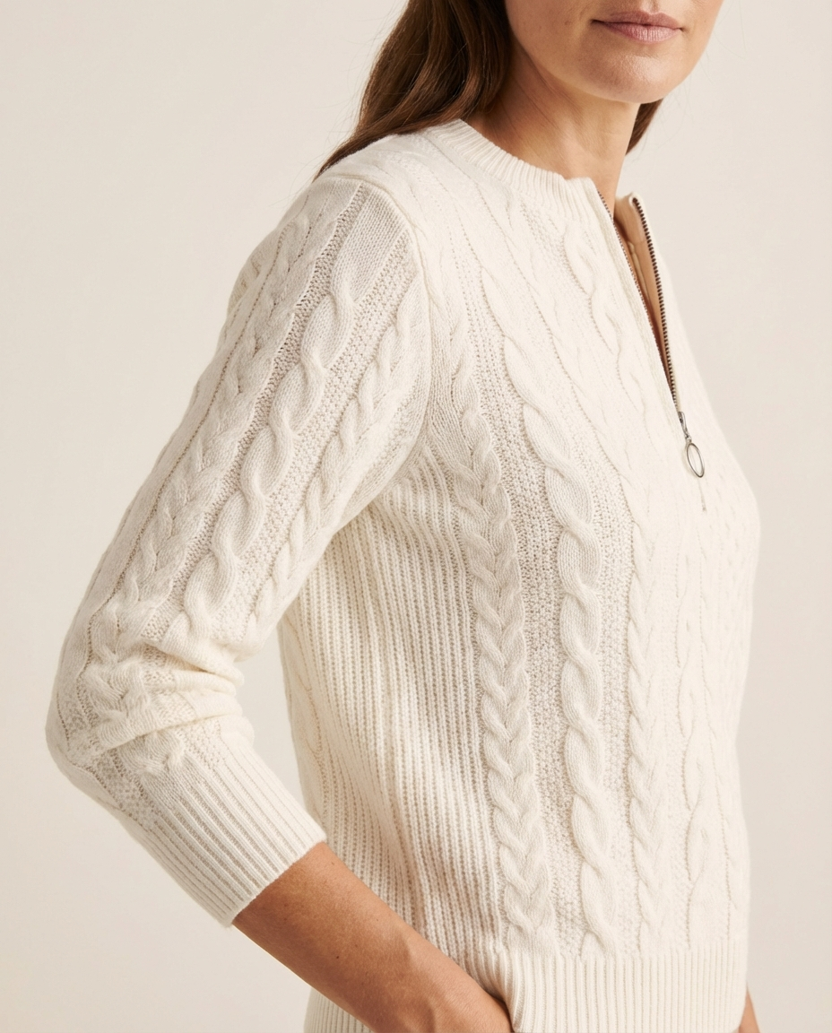 White Cable-Knit Zip Sweater
