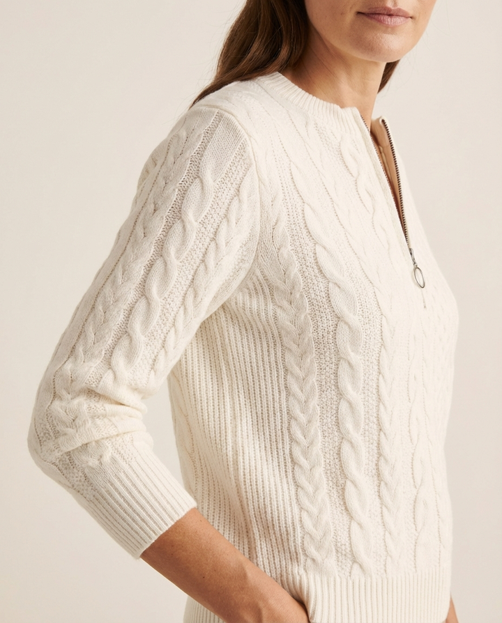White Cable-Knit Zip Sweater