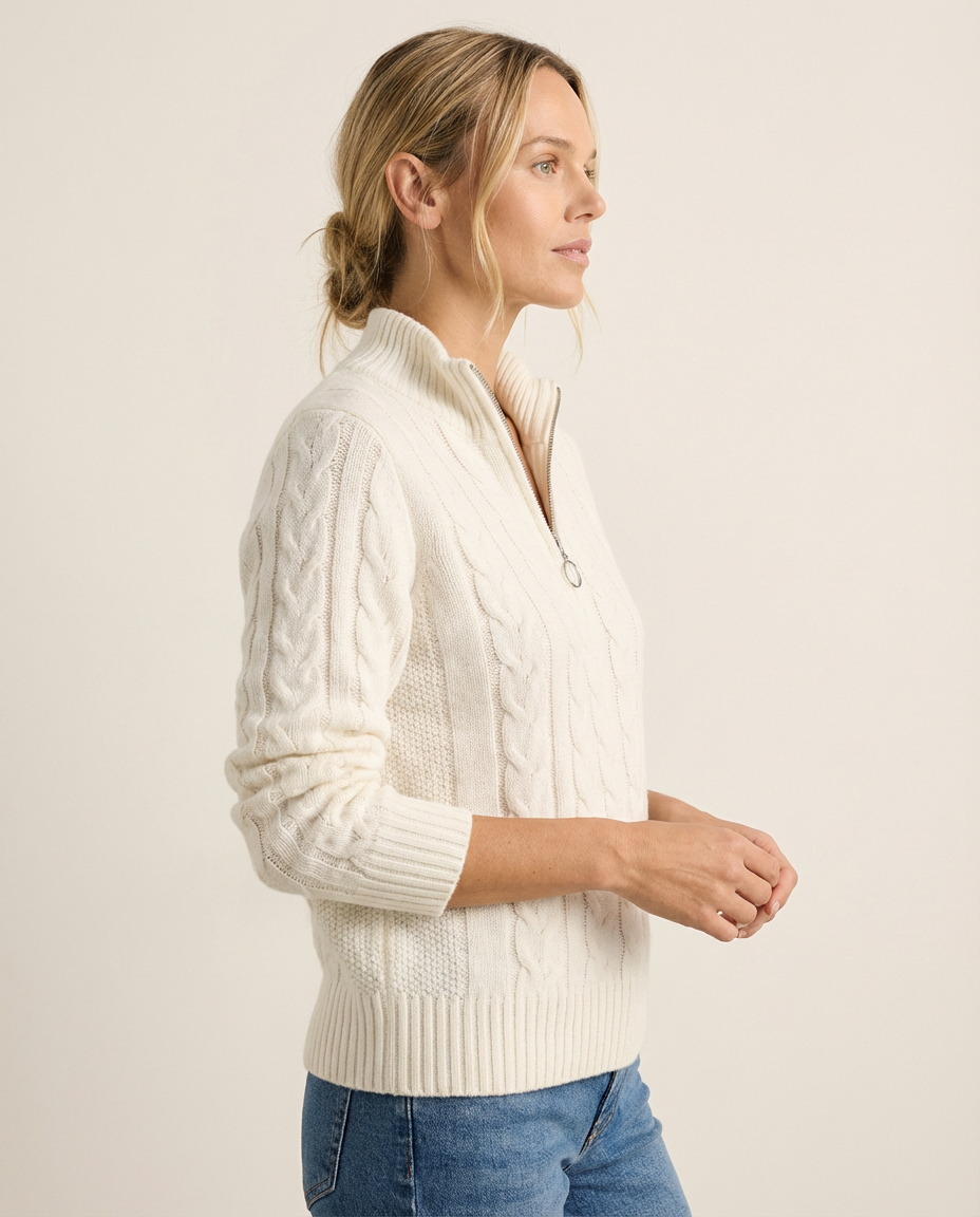 White Cable-Knit Zip Sweater