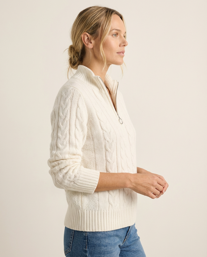 White Cable-Knit Zip Sweater